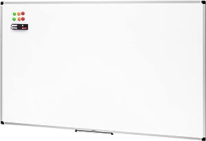 Amazon Basics Tablă albă magnetică cu tavă pentru pixuri și benzi de aluminiu, ștergere uscată, 90 x 60 cm (L x H), alb