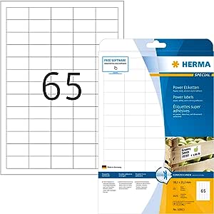 HERMA 10913 Etichete de putere DIN A4 mici (38,1 x 21,2 mm, 25 de coli, hârtie, mată) autoadezive, imprimabile, etichete universale cu adeziv extrem de puternic, 1.625 de etichete adezive, alb