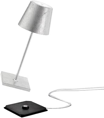 Zafferano Poldina Pro Mini - Lampă de masă cu LED reglabilă din aluminiu, clasa de protecție IP54, utilizare în interior/exterior, stație de încărcare prin contact, H30cm, mufă UE (frunze argintii)