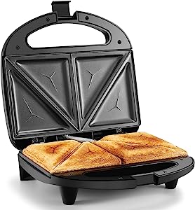 Aparat de făcut sandwichuri Tiastar pentru 2 sandwichuri, prăjitor de sandvișuri cu strat antiaderent în 2 straturi, prăjitor de pâine cu încălzire rapidă, mâner izolat termic, placă antiaderentă, control automat al temperaturii,Negru