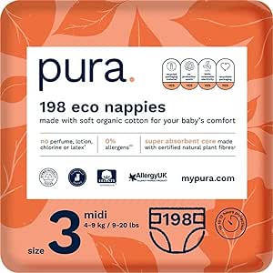 Scutece Pura Premium Eco Baby mărimea 3 (Midi 4 -9kg / 9-20 lbs) 6 x 33 pe pachet, 198 de scutece sustenabile pentru copii, fără parfum, testate clinic și hipoalergenice.