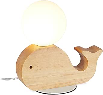 Lampă de noptieră Relaxdays pentru copii, camera bebelușilor, G9 7W, balenă decorativă din lemn, bilă de sticlă, lampă LED balenă 20x20x10 cm, natură, alb-maro 10029493