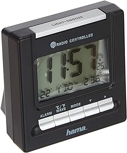 Hama ceas de călătorie cu alarmă radiocomandată RC200 (termometru, lumină de fundal, două alarme, reglare automată a orei) negru, 4,5 cm l x 8 cm l x 8 cm h