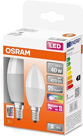 OSRAM LED STAR+ RGBW mată cu LED-uri pentru soclu E14, culorile RGBW pot fi schimbate prin telecomandă, în formă de lumânare, înlocuitor pentru becurile convenționale de 40 W, pachet dublu, 2 bucăți [clasa energetică F]