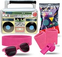 TK Gruppe Timo Klingler 5 în 1 - Set retro roz cu bandă pentru urechi și cutie de sunet etc. - ca accesoriu costum de mullet pentru carnaval retro neon anii 80-90, ca accesoriu pentru carnavalul retro neon anilor '90