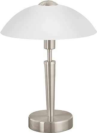 EGLO lampă de masă Solo 1, lampă de masă cu 1 flacără, lampă de noptieră din metal argintiu și sticlă albă satinată, soclu E14, incl. variator tactil [clasa energetică D]