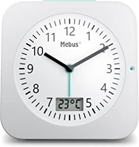 Ceas deșteptător MEBUS cu radiocomandă, cu afișare a temperaturii, dată, mărime de călătorie, cu baterii, alarmă de repetare, ecran mare, cu iluminare, culoare: alb, model: 25610