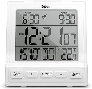 Ceas deșteptător digital cu radiocomandă Mebus cu termometru, afișare a datei, două ore de alarmă, repetiție a alarmei, setare automată a orei de vară și de iarnă, ceas radiocomandat, ceas de alarmă digital