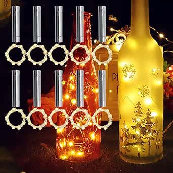 TINYOUTH 10PCS Corks cu LED-uri de lumini de șir de lumini albe calde, 2M/78.74in 20LED Bottle Lights AA Battery, întotdeauna lumină, sticle de vin Cork Light Bottle Light pentru petrecere de nuntă de Crăciun