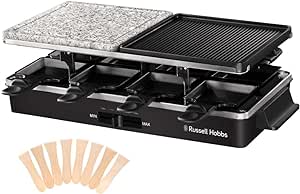 Russell Hobbs raclette grill 8 persoane [incl. 8 tigăi și spatulă de lemn, 2 plăci de masă] Multi grill (piatră naturală cu canal de suc, placă de întoarcere canelată cu strat antiaderent) Negru,26280-56