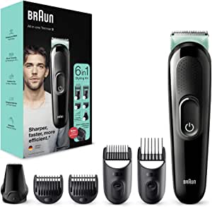 Braun Multi-Grooming Kit 3, aparat de tuns barba și tuns părul 6 în 1, epilare bărbați, trimmer/tuns părul, 5 atașamente, cadou de Ziua Tatălui, MGK3321, negru/verde.