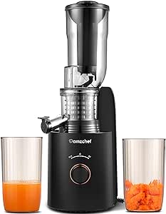 AMZCHEF Juicer Juicer lent cu 2 filtre patentate - 250W Juicer de legume și fructe câștigător al testului de testare - Cold Press Juicer 85MM Wide Chute, motor silențios, funcție inversă - argintiu [Clasa de energie A+++]