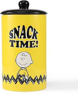 Alune pentru animale de companie Charlie Brown Snack Time! Borcan pentru dulciuri pentru câini | 10 x 5 Charlie Brown Snack Time borcan de ceramică cu capac, lavabil în mașina de spălat vase, alune, galben, FF17836