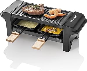 Bestron raclette pentru 1 până la 2 persoane, mini-grill de masă cu două tigăi, două raclete din lemn și două suporturi de pahare, 350 wați, culoare: negru