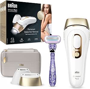 Dispozitiv de epilare Braun IPL Silk Expert Pro 5 pentru bărbați/femei, 2 atașamente, epilare vizibilă, aparat de ras Venus, alternativă la epilarea cu laser, cadou pentru femei, PL5157, alb/auriu