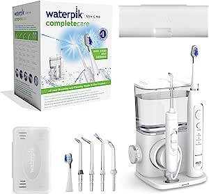 Waterpik Complete Care System 9.0 cu periuță de dinți electrică și irigator bucal în combinație, 5 accesorii, 10 setări de presiune, economie de spațiu, alb (CC-01)