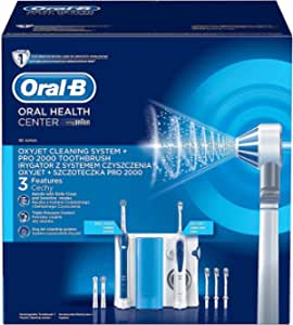 Periuță de dinți electrică Oral-B Pro 2000 cu apă de gură OxyJet, 3 perii atașabile, 4 duze de înlocuire, set pentru curățarea dinților și îngrijirea dentară, cadou bărbat/femeie, proiectat de Braun, alb/albastru (1 pachet)