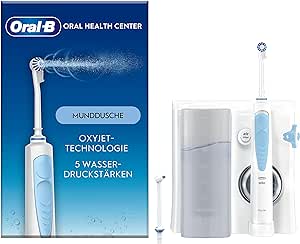 Irigator oral Oral-B Oral Health Centre, 2 duze de înlocuire, aparat de curățare interdentară pentru curățarea delicată a dinților și gingiilor mai sănătoase, cu tehnologie Oxyjet, 5 niveluri de presiune pentru îngrijirea dentară, alb/albastru