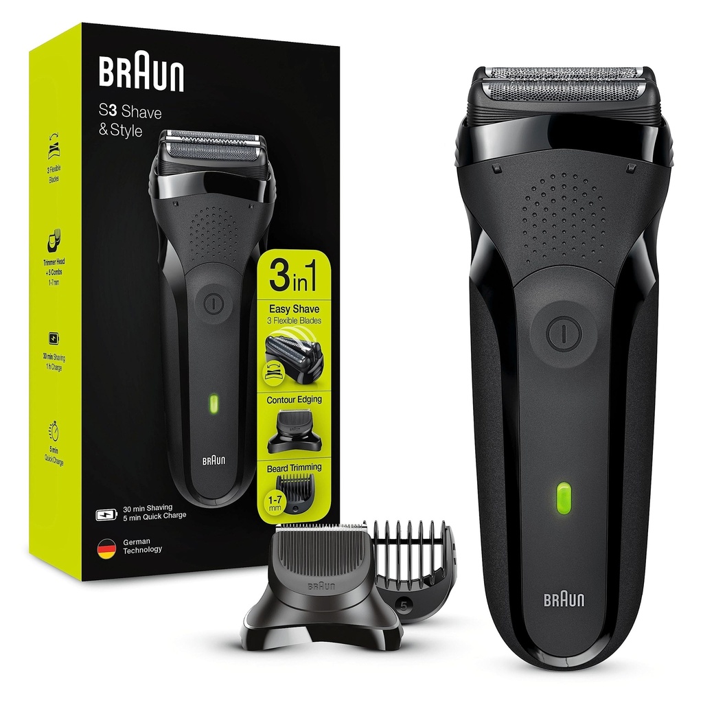 Aparat de ras electric Braun Series 3 pentru barbati, aparat de ras pentru barba 3 in 1 cu aparat de tuns barba de precizie si 5 piepteni, reincarcabil si fara fir, Shave&Style, 300BT, negru