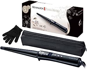 Remington Curling Iron [conic 13-25mm] Pearl Digital (acoperire ceramică de înaltă calitate cu perle reale) Afișaj LCD 130-210°C, mănușă de căldură, bucle naturale, bucle spiralate și valuri de plajă, CI951