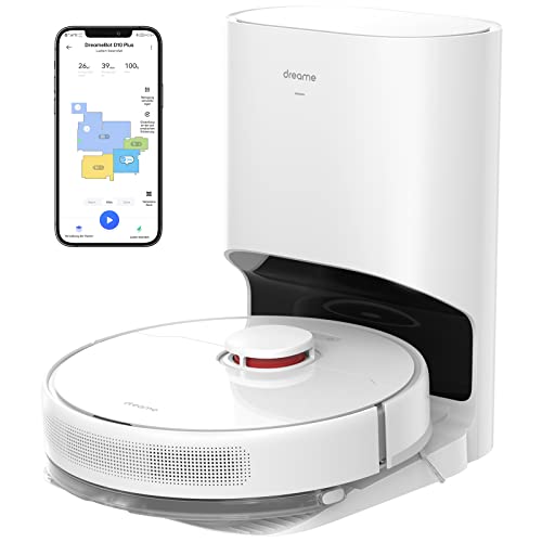 Robot aspirator dreame D10 Plus cu golire automata a prafului, detectie obstacol de navigare LiDAR, putere de aspirare 4000Pa pentru covoare si par de animale, baterie 170min, control WiFi/APP, alb