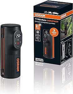 OSRAM TYREinflate COMPACT, pompă de aer reîncărcabilă, mini-compresor de aer electric portabil cu lumină LED, funcție auto-stop și bancă de putere, reîncărcabilă prin USB, potrivită ca pompă de bicicletă