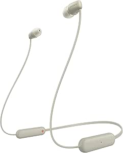 Căști Sony wireless WI-C100 in-ear (autonomie de până la 25 de ore, optimizate pentru asistenți vocali, microfon integrat pentru apeluri telefonice, Bluetooth), taupe, mici