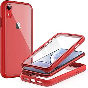 JETech Caz pentru iPhone XR 6.1 inch cu Built-in Anti-Scratch Film de protecție, 360 grade Full Body Rugged Mobile Phone Cover Transparent spate (Red)