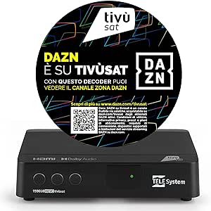 Tele System decodor de satelit TS9018HEVC Tivùsat HD Classic: acces la peste 70 de canale HD gratuite, Seria A pe DAZN Zone, actualizare automată a canalelor - smartcard inclus