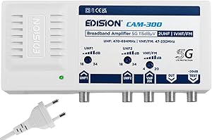 EDISION CAM-300 Amplificator multi-range 2UHF, 1VHF/FM, 18-34db, 115dBmV, potrivit pentru cablu TV, DVB-T/T2 terestru și radio, filtru 5G LTE, gama de frecvențe UHF 470-694Mhz, VHF/FM 47-230MHz