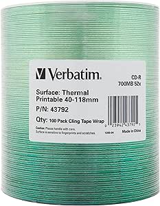 Verbatim CD-R 700MB Therma Printable 100PK WRAP, 43792