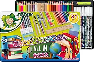 JOLLY Back to School Box | set de început de școală cu 31 de piese | incl. creioane colorate, stilouri cu vârf din fibră, creioane grafit, riglă și radieră