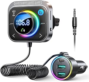 JOYROOM Bluetooth 5.3 Adapter Car, 【Bass Boosted & Hi-Fi Stereo】Music FM Transmitter, 【30W PD & Dual 18W QC 3.0】Hands-free car kit pentru ieșire Aux și suport pentru card TF