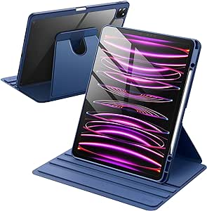 JETech Capac rotativ pentru iPad Pro 12.9 inch (2022/2021/2020/2018) cu suport pentru stilou, 360 de grade rotativ capac de protecție Stand transparent spate, Auto Wake / Sleep (Navy)