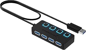 SABRENT Hub USB 3.2x1, adaptor USB, distribuitor USB, extensie multiplă hub USB 3 cu comutatoare ON/OFF și cablu lung, pentru PS5, PC, laptop, stick USB, imprimantă, MacBook și altele (HB-UM43)