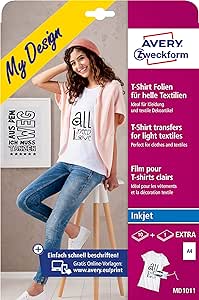 AVERY Zweckform 10+1 folii textile, creează-ți propriul tricou, imprimă-ți propriul tricou (folie de călcat, textile deschise la culoare, DIN A4, folie pentru tricouri imprimabilă pentru călcat, folie de transfer pentru imprimante cu jet de cerneală) MD1011