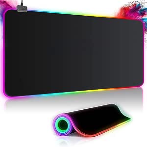 Tapet de șoarece pentru jocuri RGB Mousepad 800x300mm XXL Gaming Mousepad mare cu 14 moduri de iluminare 7 culori LED Impermeabil anti-alunecare pentru calculator PC Professional Gamer, negru