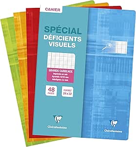 Clairefontaine 63196C - Caiet de notițe, DIN A4+, 24x32 cm, 24 foi, rigla franceză cu rigla neagră 2,5 mm 10/10, ideal pentru persoanele cu deficiențe de vedere, 90g, culori asortate, 1 buc