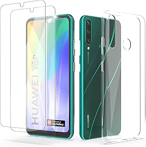 N NEWTOP caz de protecție set compatibil cu Huawei Y6P + 2 bucăți de sticlă temperată ecran protector TPU silicon ecran protector, rezistent la șocuri, transparent, subțire, caz de protecție