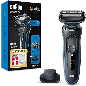 ( LIPSA LAME ) Aparat de ras Braun Series 5 pentru bărbați cu accesoriu EasyClick, aparat de ras electric și trimmer de precizie, EasyClean, Wet & Dry, reîncărcabil și fără fir, cadou pentru bărbați, 51-B1200s, albastru