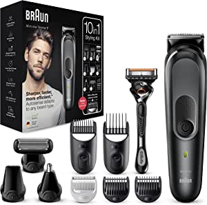 ( NU PORNESTE ) Braun Multi-Grooming Kit 7, aparat de tuns barba 10 în 1, aparat de tuns părul/ tunsoare, epilare bărbați, cap, păr pe corp, 8 atașamente, cadou de ziua tatălui, MGK7331,negru/gri-metalic