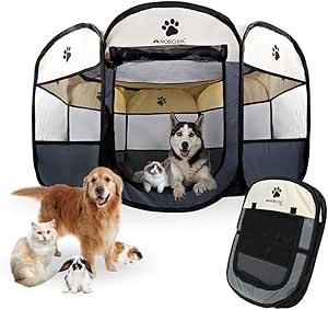 Mobiclinic® Pets, Căsuță pentru căței, Pliabilă, 114x114x58 cm, Scooby, 2 intrări, 8 ferestre, Bandă elastică pentru depozitare, Brand european, Pentru utilizare în interior și în exterior, Tesatura mesh 600D, Ușor de curățat, Gri