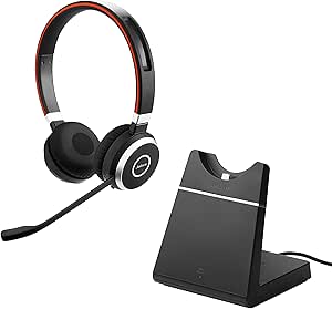 Jabra Evolve 65 Wireless Stereo On-Ear Headset - Căști certificate Microsoft Teams cu baterie cu durată lungă de viață și stație de încărcare - Adaptor Bluetooth USB - negru