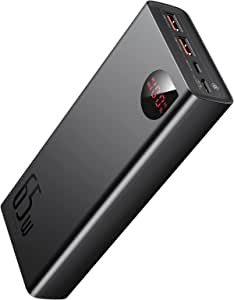 Baseus Power Bank 20000mAh, PD 65W QC 4.0 Fast Charge USB C încărcător extern de telefon cu baterie externă cu trei ieșiri și afișaj LED pentru iPhone 12 11 Pro Max XS XR S21 S20 Macbook iPad Air Pro etc. (negru)