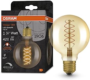 Lampă LED OSRAM Vintage 1906 cu LED-uri cu nuanță aurie, 4,8 W, 420 lm, formă de glob cu diametrul de 95 mm și soclu E27, culoare albă caldă a luminii, filament spiralat, reglabil, durată de viață de până la 15.000 de ore