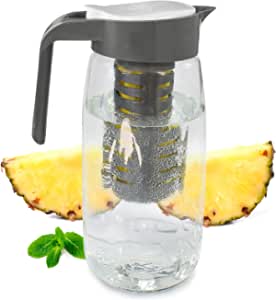 Carafa de sticlă Eaxus® cu inserție pentru fructe - Carafă de apă de 1,5 litri cu capac. Etanșă la scurgeri și lavabilă în mașina de spălat vase, gri / albastru / roz