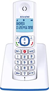 Alcatel F530 - Telefon fără fir cu blocarea avansată a apelurilor, difuzor, ecran mare retroiluminat, tonuri de apel VIP, 10 melodii de apel, alb/albastru