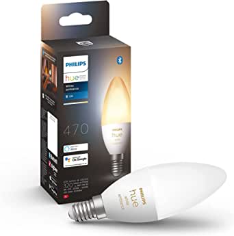 Lampă Philips Hue White Ambiance E14, pachet unic, 320lm, reglabilă, toate nuanțele de alb, controlabilă prin aplicație, compatibilă cu Amazon Alexa (Echo, Echo Dot)