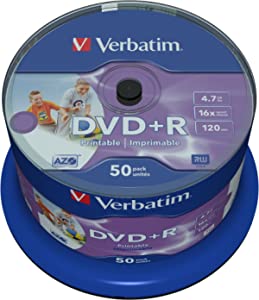 Verbatim DVD+R Wide Inkjet Printable 4.7GB, 50 de pachete, DVD Blank Printable, viteză de inscripționare 16x și Hardcoat Scratch Guard, DVD-R Printable, DVD Blank, DVD Blank, DVD Blank
