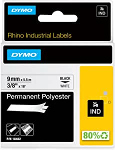 Etichete permanente din poliester DYMO Rhino Industry | 9 mm x 5,5 m | Negru pe alb | Bandă autoadezivă | pentru DYMO Rhino și LabelManager Labelmaker